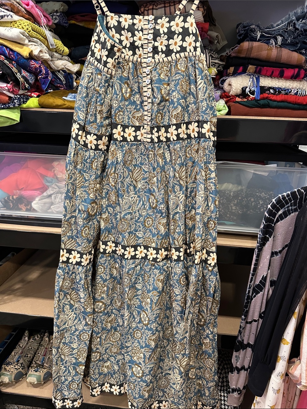 Natural Life Daisy paisley print cotton maxi size small blue shell buttons